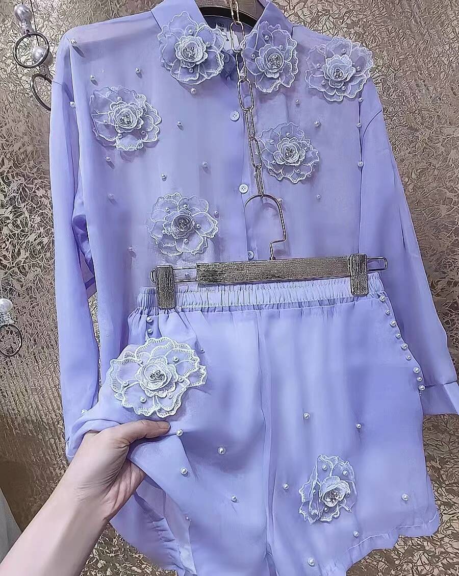 2025 design new bead D-flower sewn women's long sleeved shirt summer thin high waisted shorts two-piece set women's designer outdoor sportsw