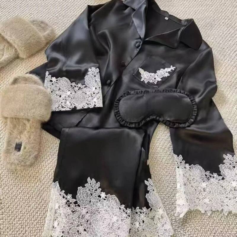 2025 Women's New Pajamas White Satin Lace Bordered Bridal Wedding Pajamas Home Clothes Loose design Long Sleeve Pants Designer Set Home Clothes