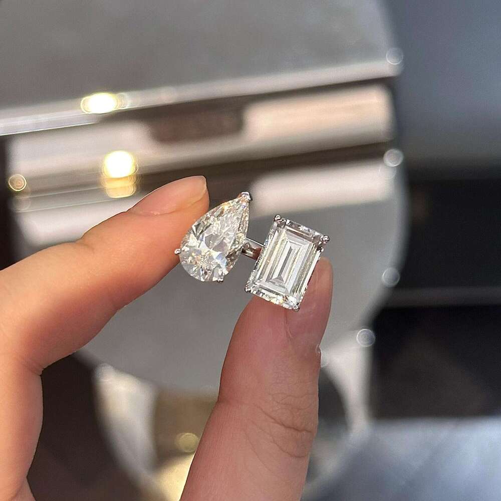 jewelry rings S925 Silver Twin stone Pear shaped Drop and Square cut Diamond set Open ring