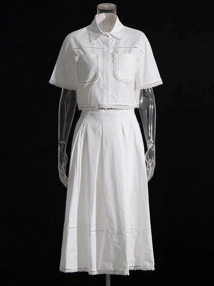 Solid Summer Two Piece Sets For Women Lapel Short Sleeve Tops High Waist A E Skirt Slim Ddmydec Set Female Fashion New