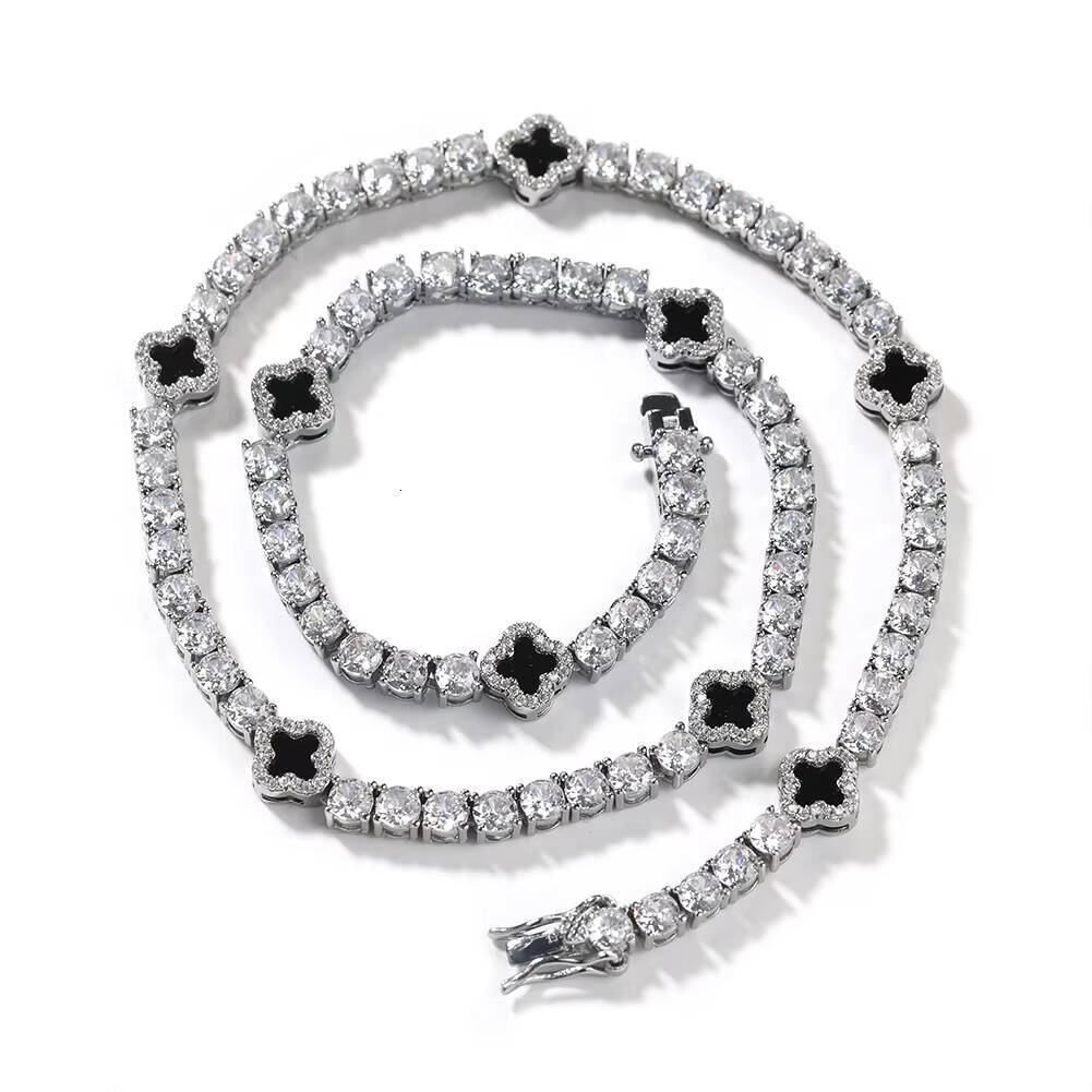 Hot Sales New 4mm Iced Out Elegant Black Four Leaf Clover Tennis Chain Choker Necklaces Fashion Jewelry for Women