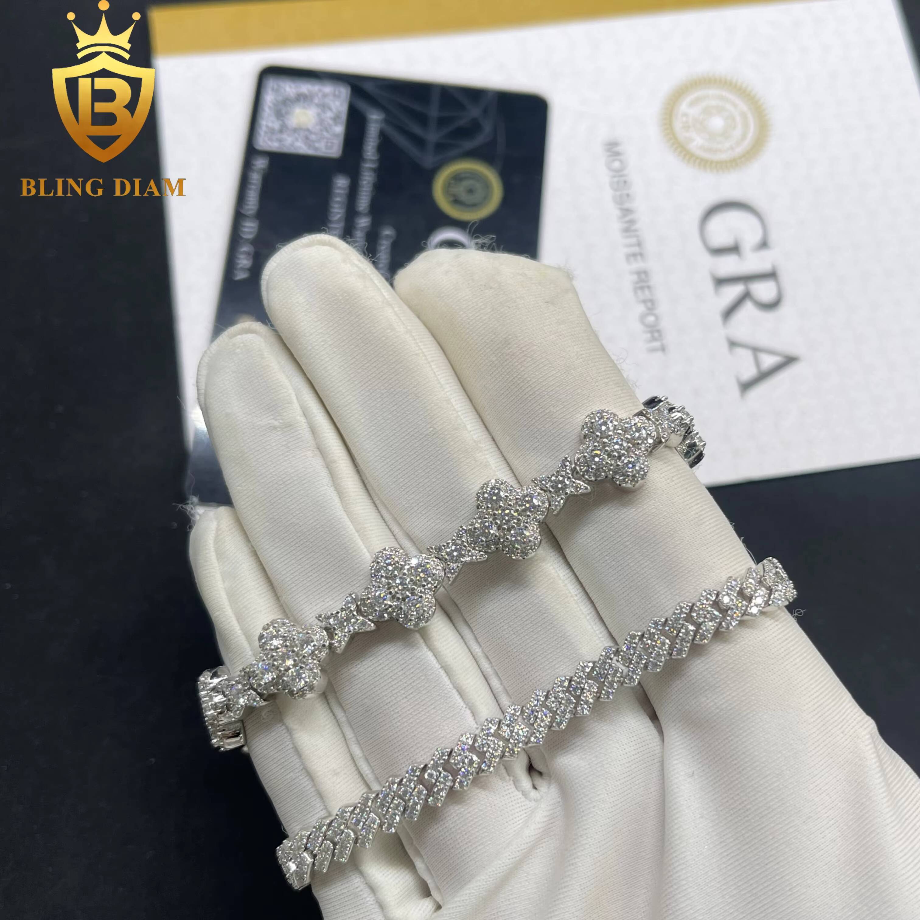 Iced Out Hip Hop Jewelry 925 Sterling Silver Vvs Moissanite 5mm Cuban Link Chains 10mm Flower Cross Bracelets for Men