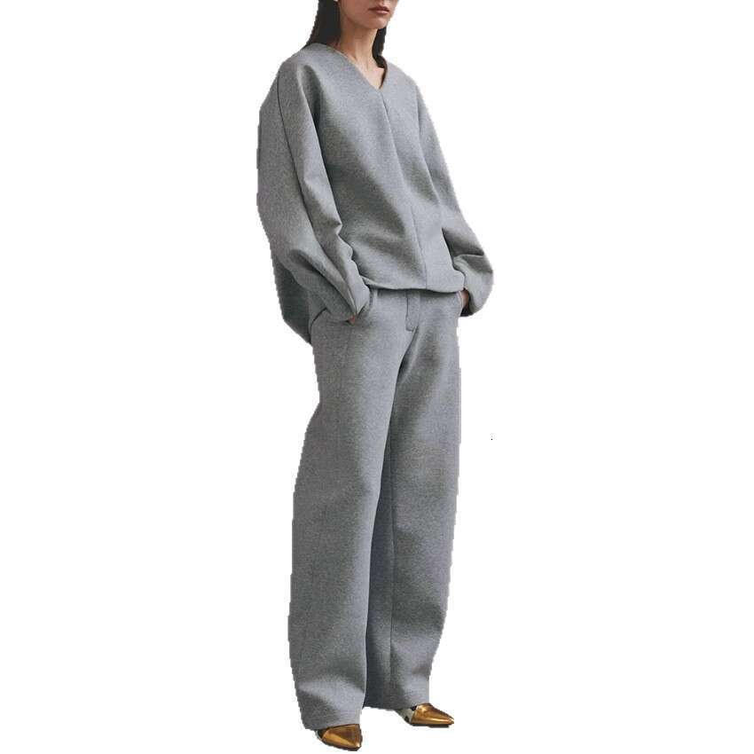 Autumn Winter New Loose V-Neck Gray Thickened Long-Sleeve Long-Pants Set For Women With Design Sense And Elegant Temperament B5