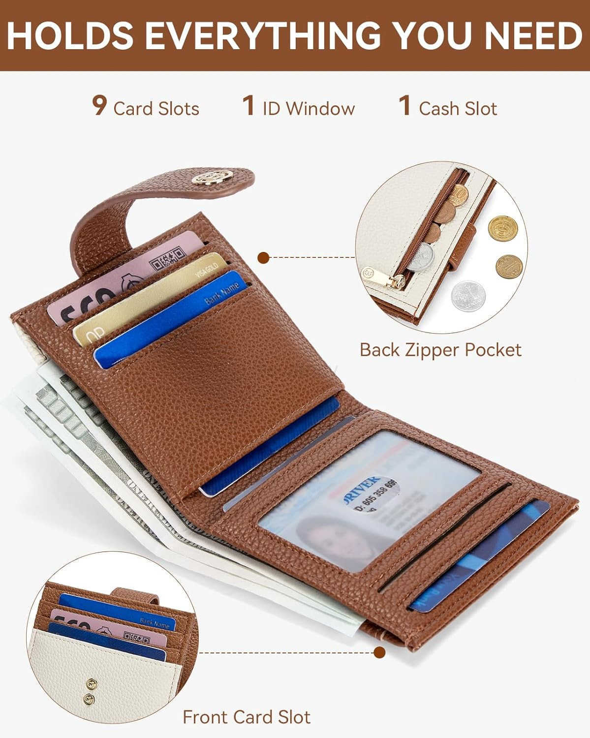 Slim Wallet for Women Small RFID Blocking Holder Leather Bifold Wallets with Zipper Coin Pocket BeigeBrownW250906