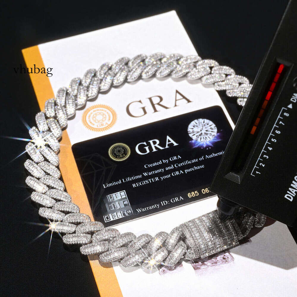 Sier VVS Moissanite 24mm Baguette Setting Iced Heavy Link Necklace for Men Miami Cuban Chain Style