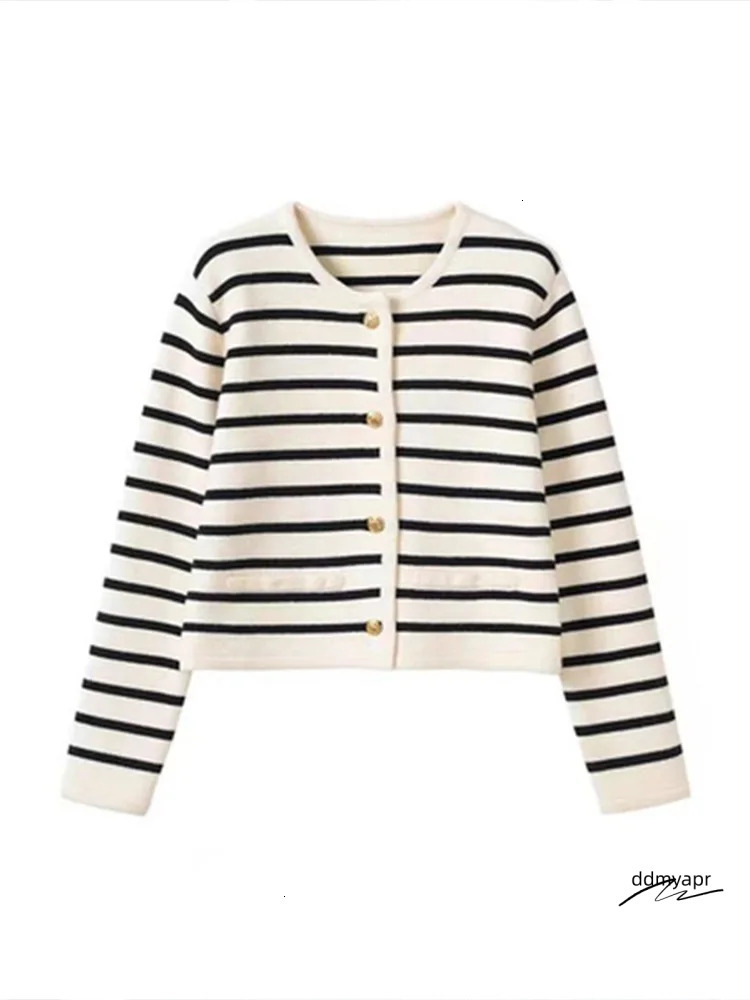 Women Ddmydec Spring Autumn Sweaters O-Neck Stripe Knitted Cardigan Fashion Long Sleeve Casual Short Tops Korean Style New