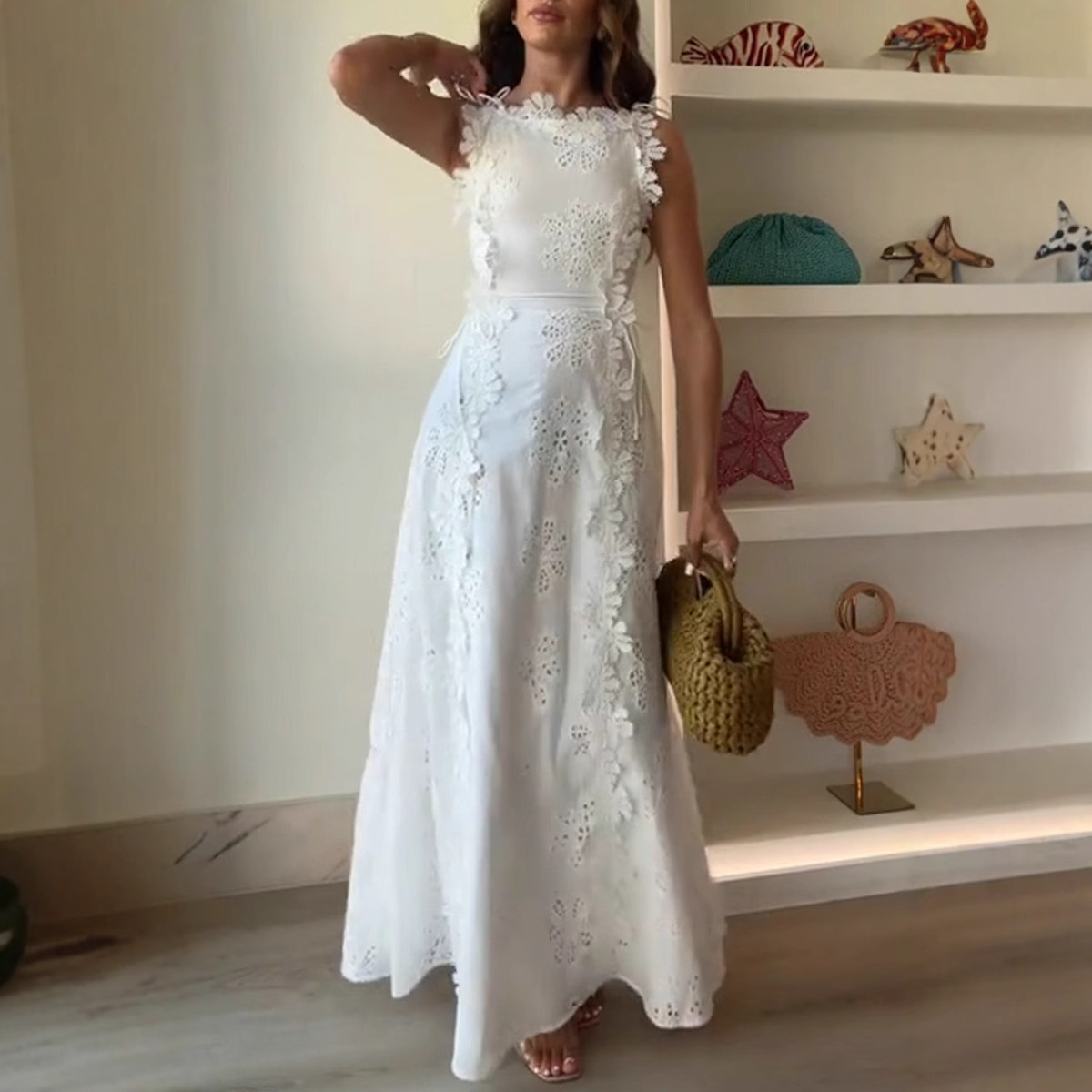 X155347 New summer lace embroidery strap holiday slim maxi dress for women