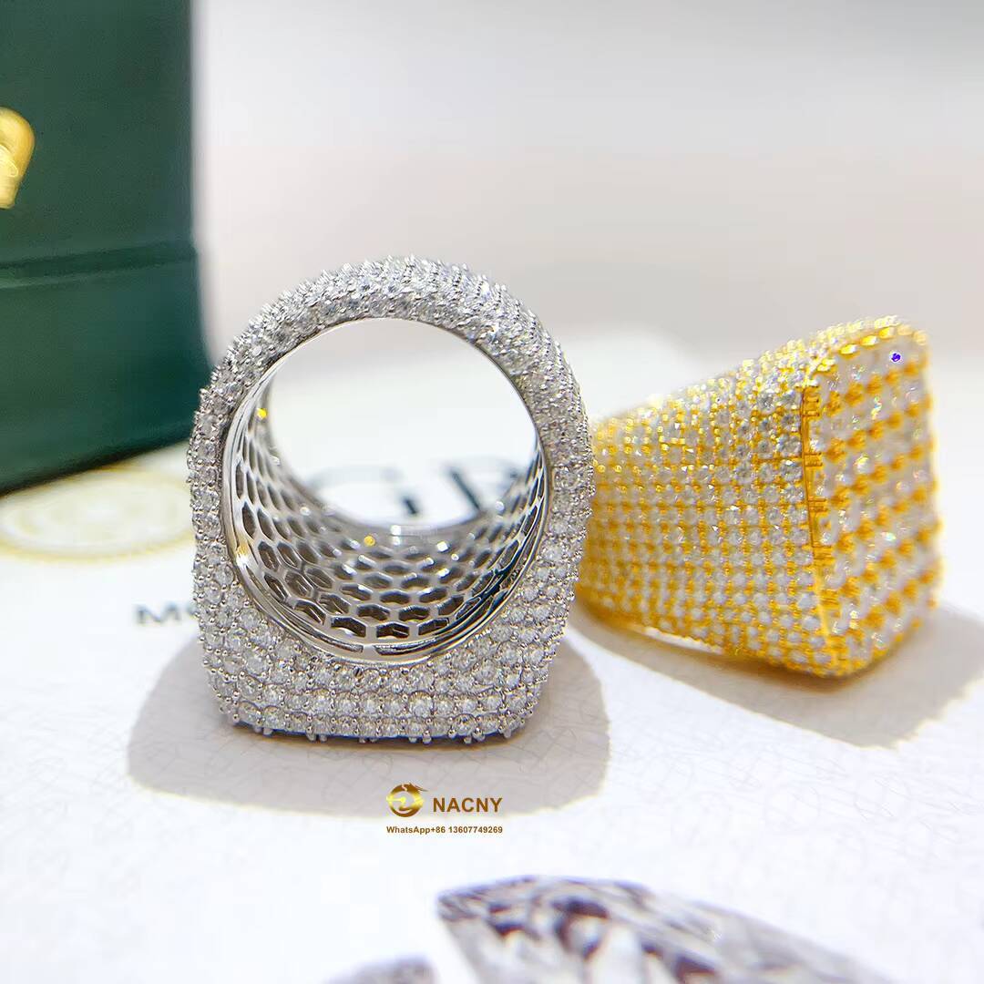 Hip Hop Full Moissanite Square Shape Ring Fashion Jewelry Pass Tester Iced Out 925 Sterling Silver Ring