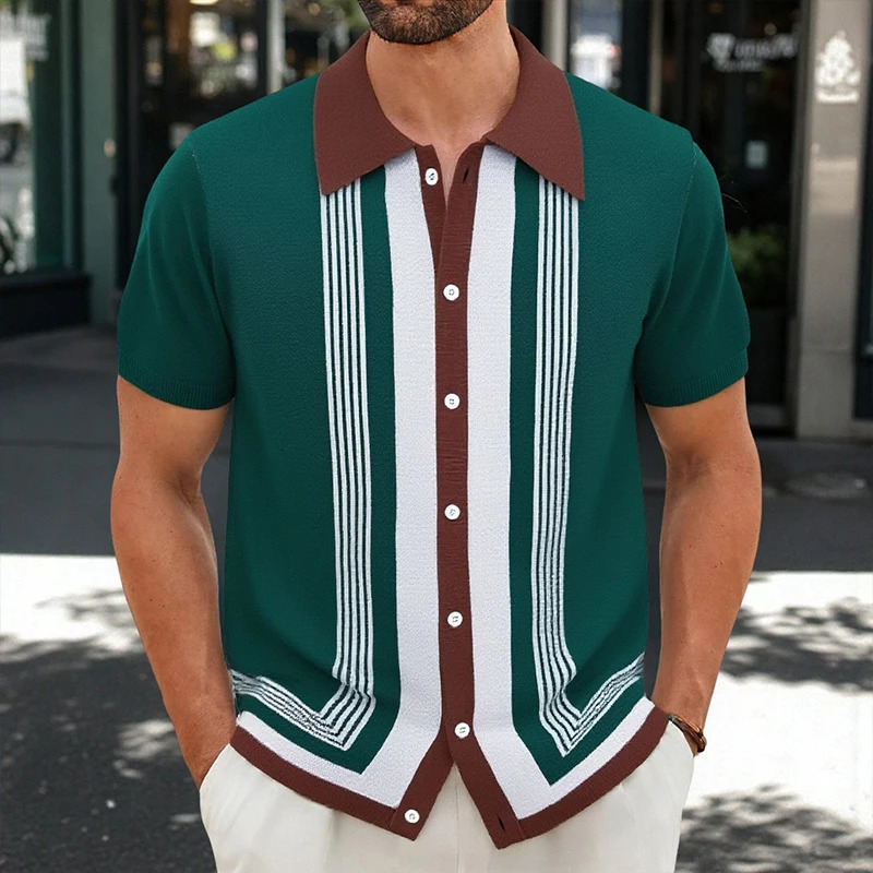 American Retro Men Polo Shirt Summer Fashion Patchwork Knitted Short Sleeve Cardigan Tops Premium Breathable Striped Shirts 250905
