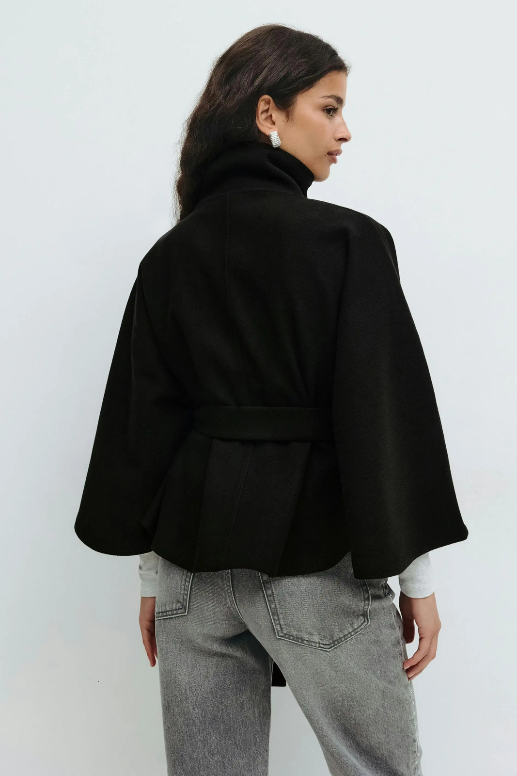 chic vintage cape jacket with belt stand neck single breasted loose coat loose flare sleeve coats early lady autumn Y2K outwears 250905