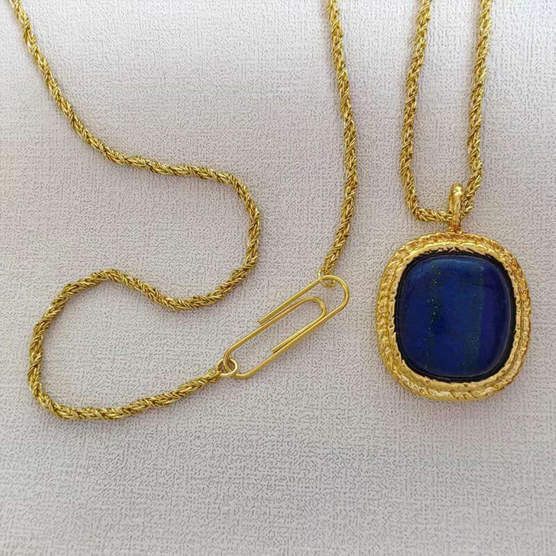 DHpet Vintage Style Aurelie Bidermann Square Pendant Inlaid with Blue Turquoise Lapis Lazuli Pink Crystal Sweater Chain