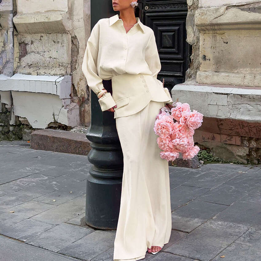 Autumn Winter New Long Sleeve Shirt Waist Cinch Half Skirt Set Design Sense Elegant Fashion Commuting B5