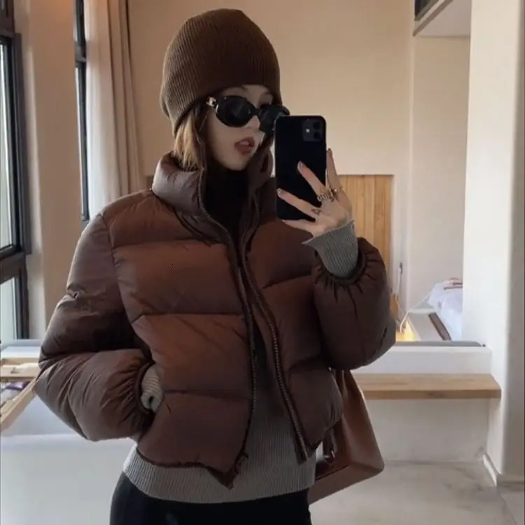 Womens Winter Solid Color Stand Collar Short Cottonpadded Jacket Korean Version Loose Casual High Waist Bread Served 250905