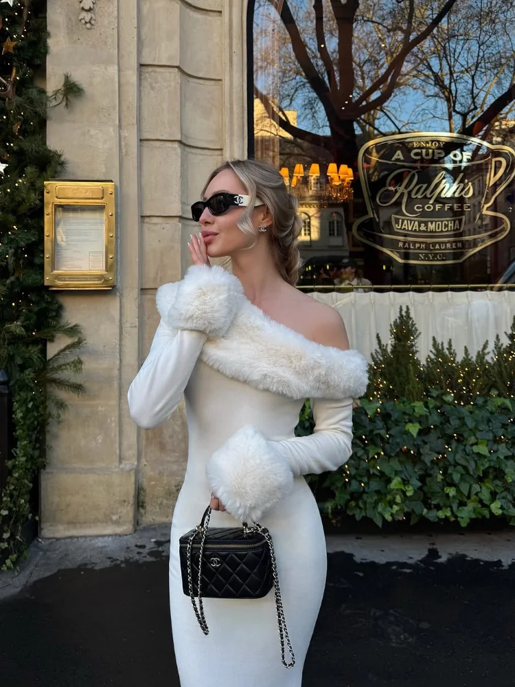 Women White Faux Fur Patchwork Dress Elegant Off Shoulder Slanted Collar Full Sleeve Maxi Dresses Lady Party Vestidos 250905