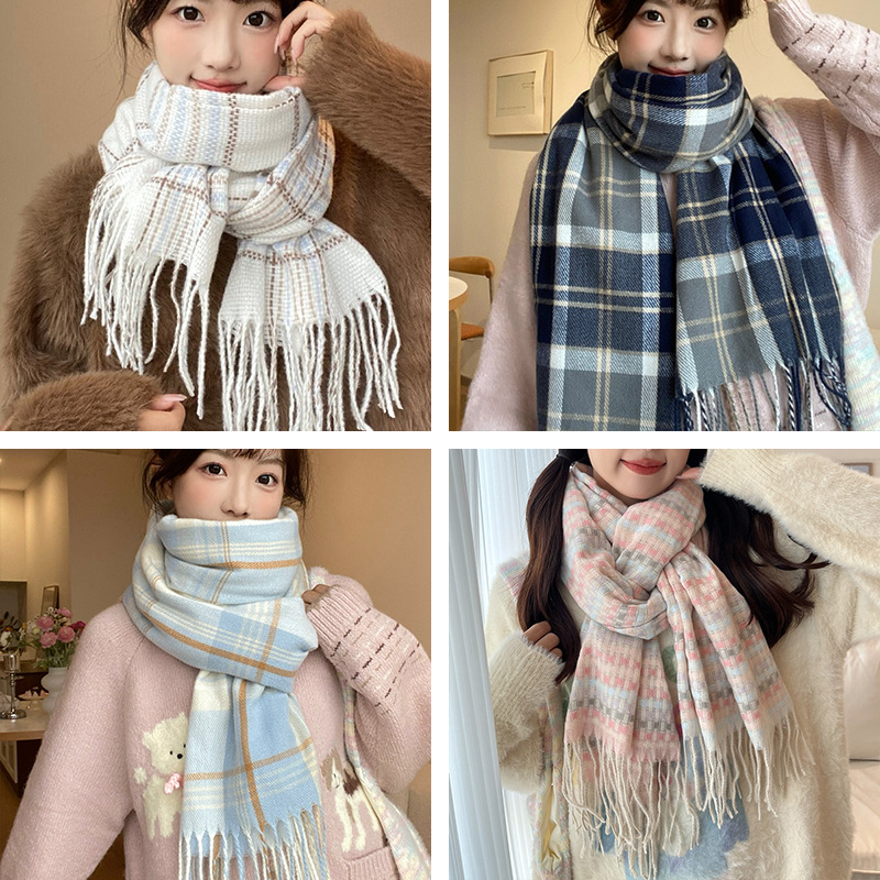 Z0298 Retro Green Plaid Scarf Women Winter Imitation Cashmere Neck Scarf Female Student Day Gift Winter Tassel Versatile