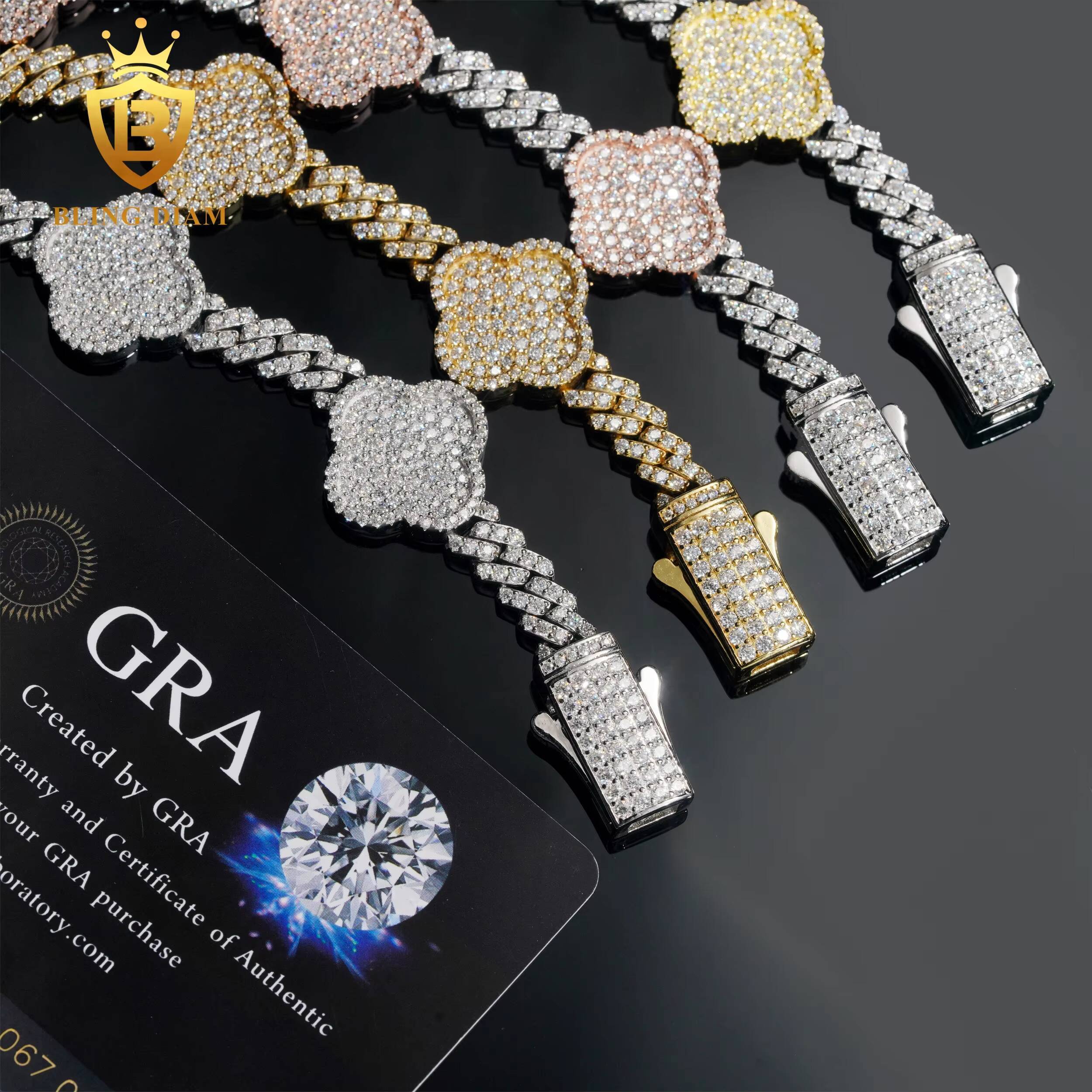 Custom 6mm Vvs Iced Out Moissanite Diamond Hip Hop Bracelet 925 Silver FourLeaf Clover Bracelet Men Women