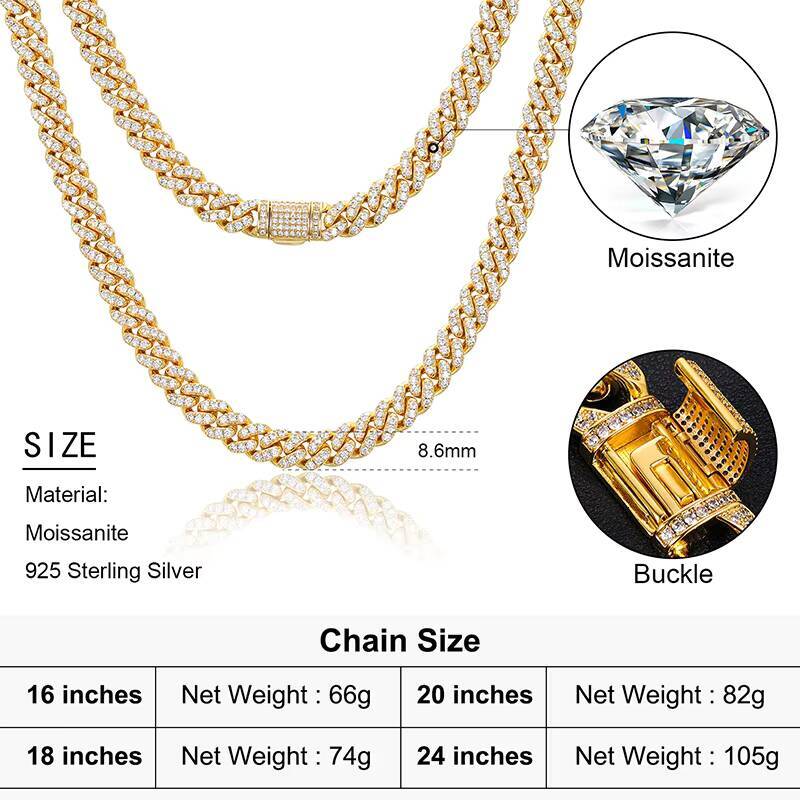 Drop Shipping Moissanite Jewelry 8mm Silver 925 Chain Necklace Iced Out VVS Moissanite Cuban Link Chain