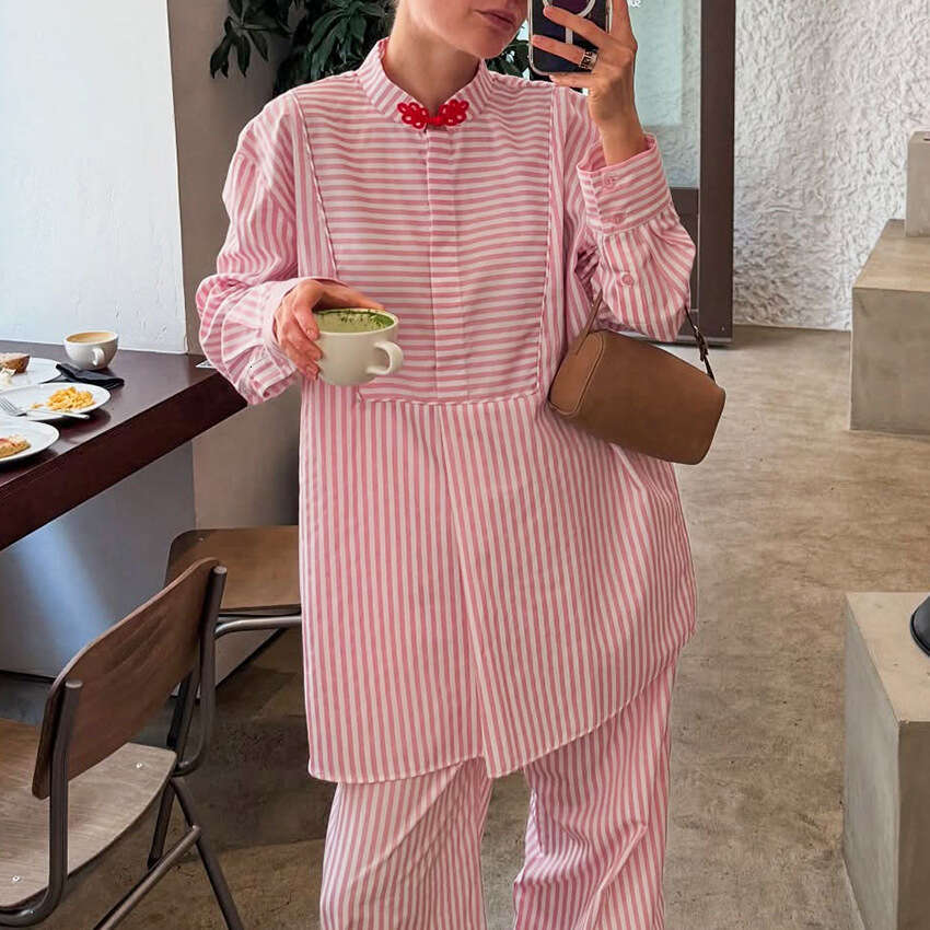Autumn Winter New Chinese Style Button Pink Striped Sleeve Long Pants Set For Women With Design Sense And Fashionable Temperament B5