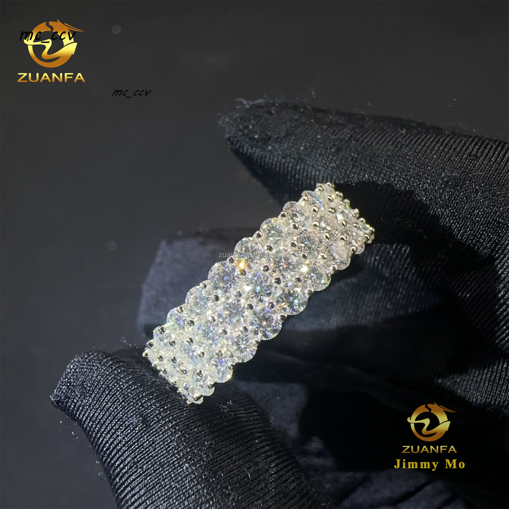 New Design 3Rows Stone Rhodium Plating S925 Silver Elegant Style Luxury Jewelry Moissanite Diamond Eternity Band Ring Women