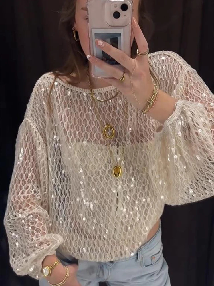2025 Sexy Knit Sequined Women Sweater Hollow Out Oneck Long Lantern Sleeve Female Pullover Summer Elegant Lady Knitwear 250906