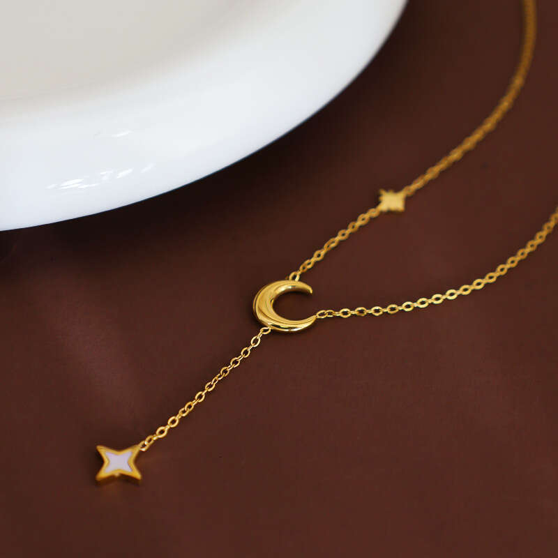 DHpet Minimalist Moon Tassel Necklace Stainless Steel Eight-Pointed Star Collarbone Chain Vacuum Electroplated Gold Color Retention