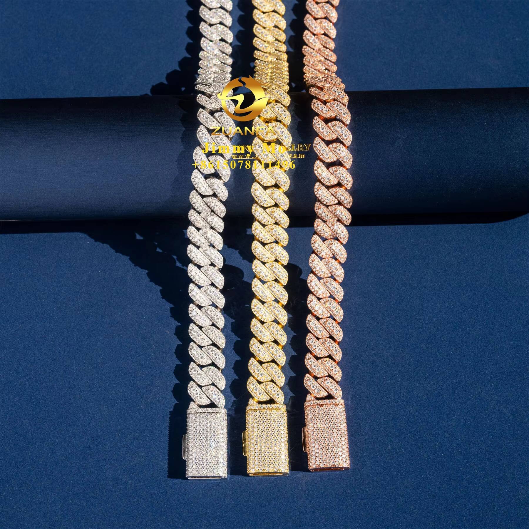 Bulk Stock Popular Pass Diamond Tester 925 Solid Silver 15mm Two Rows Iced Out Hip Hop VVS1 Moissanite Diamond Cuban Link Chain