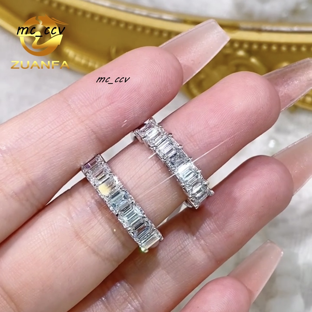 14K White Gold 01CT 02CT Emerald Cut VVS Lab Grown Diamond Ring Band Eternity Ring