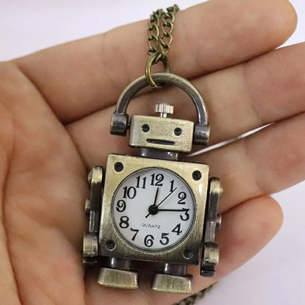 Vintage robot shape Arabic numerals round dial quartz pocket watch pendant decorated with cute keychain bag charm for a party 250906