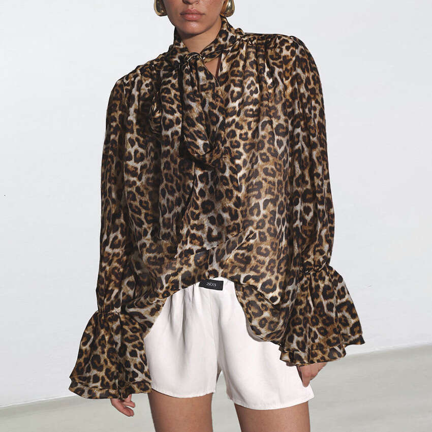 Autumn Winter New Loose Ruffled Tie Leopard Print Chiffon Blouse Design Sense Elegant Fashion Commuting B3