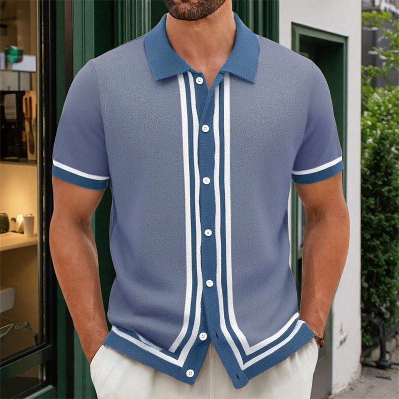 American Retro Men Polo Shirt Summer Fashion Patchwork Knitted Short Sleeve Cardigan Tops Premium Breathable Striped Shirts 250905