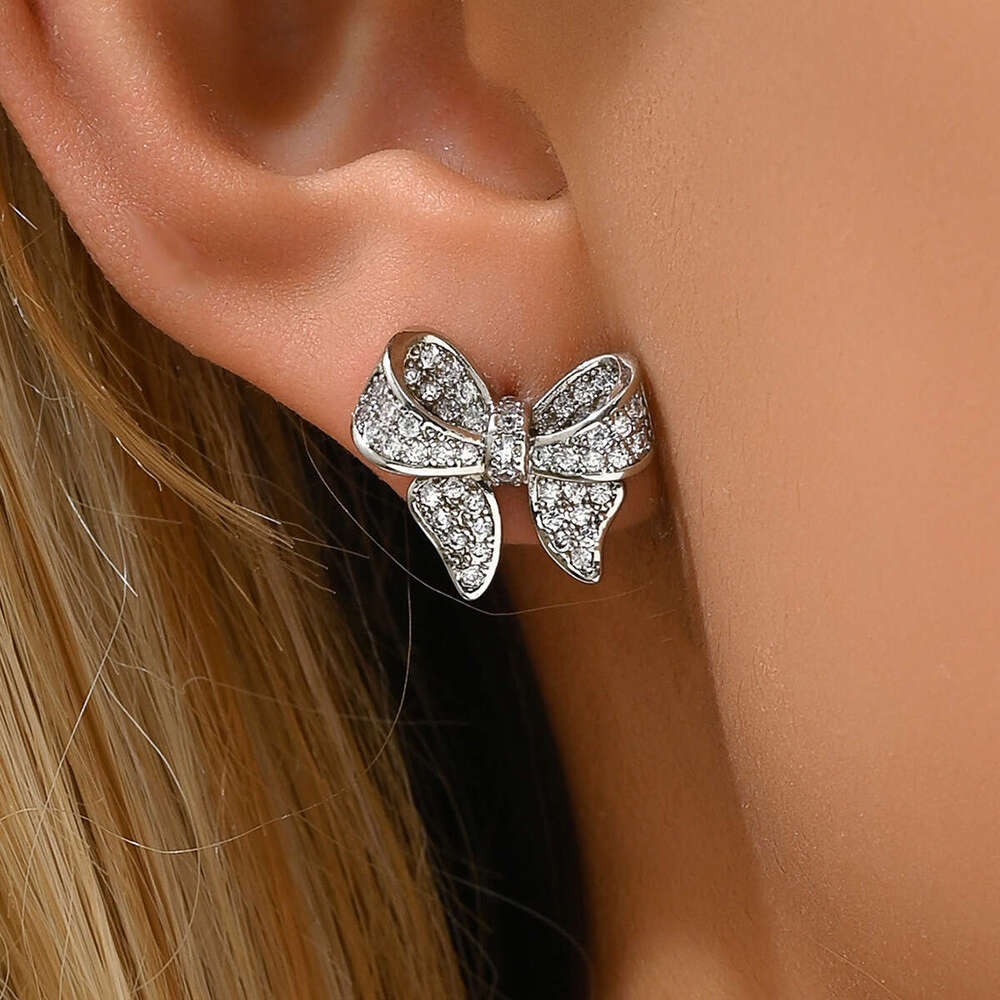 DH collections:Niche Korean Style Sweet Fresh for Women Simple Inlaid Zircon Bowknot Design Stud Earrings Elegant Ear Jewelry