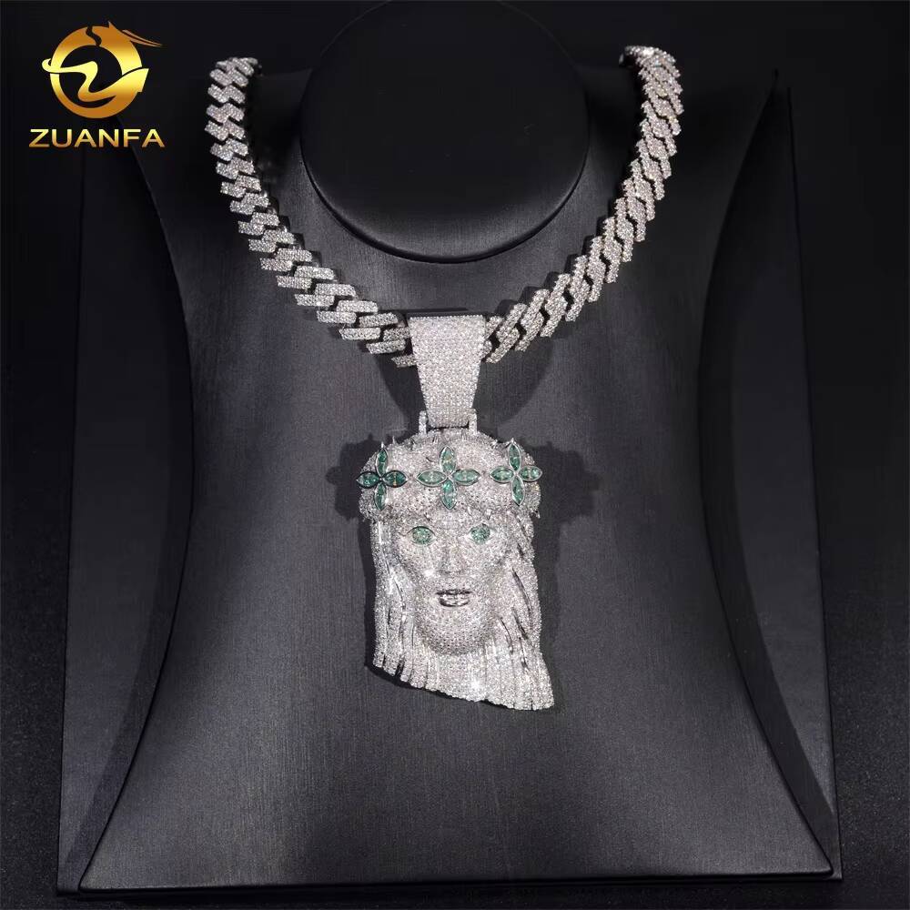 Hip Hop Style Blue Green Diamond Personalized 925 Silver Moissanite Jesus Head Pendant