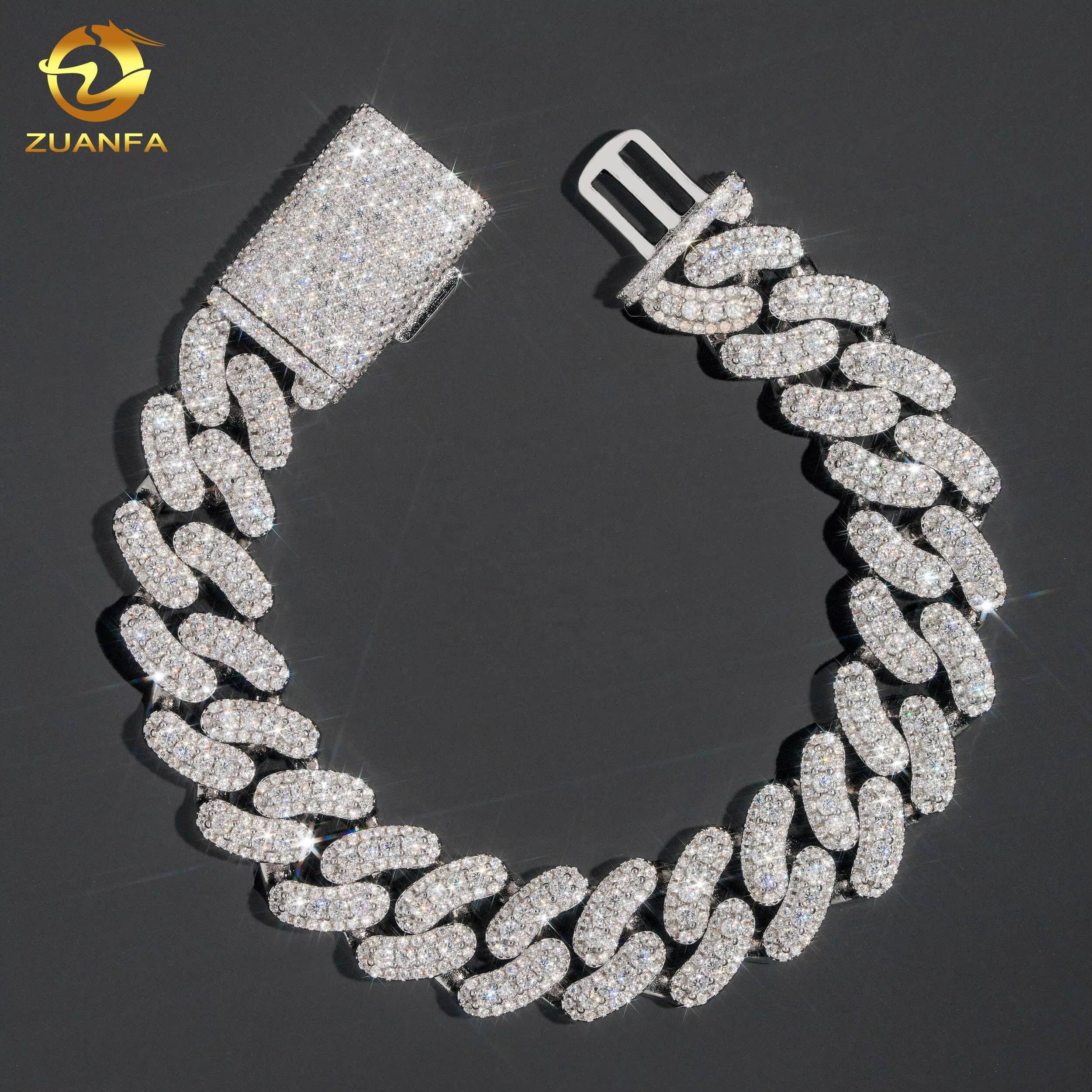 Iced Out Jewelry Cuban Link Chain 925 Silver Mens 15MM Width Hip Hop Moissanite Cuban Link Bracelet