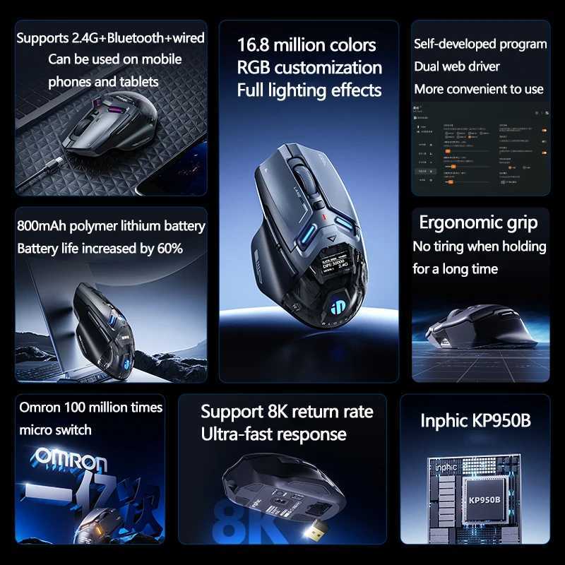 Inphic IN9 Ultra Gaming Mouse PAW3950 Sensor Vibration Feedback OLED Screen Intelligent Display Wireless Mouse Boyfriends Gift Z250906