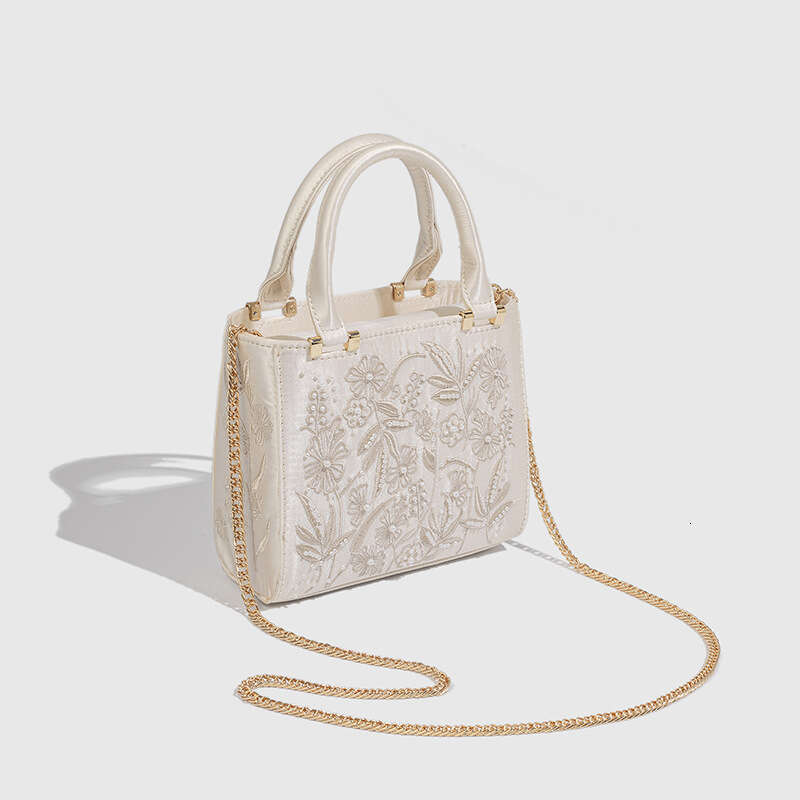 2025 Autumn New Women's with Artificial Pearl Decoration Chain Handbag Silk Satin Hard Texture Bag