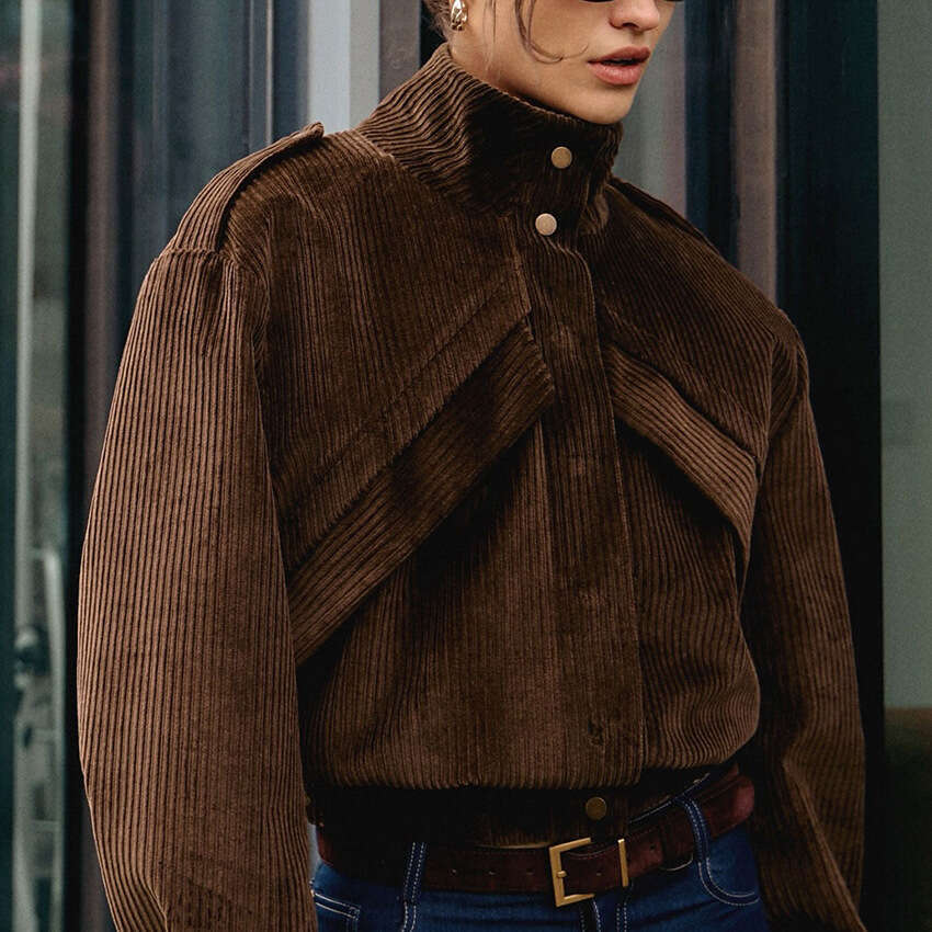 Winter New Motorcycle Style Brown Jacket For Women, Stylish And Casual Corduroy Coat, Commuting B3