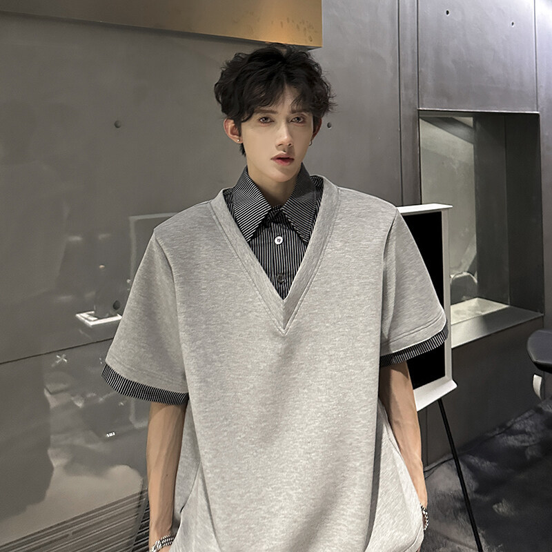 2025 Fake Two-piece Shoulder Pad Short Sleeved Men's Summer Collar T-shirt Niche Design High Street Five Quarter Sleeve Designer T-shirt