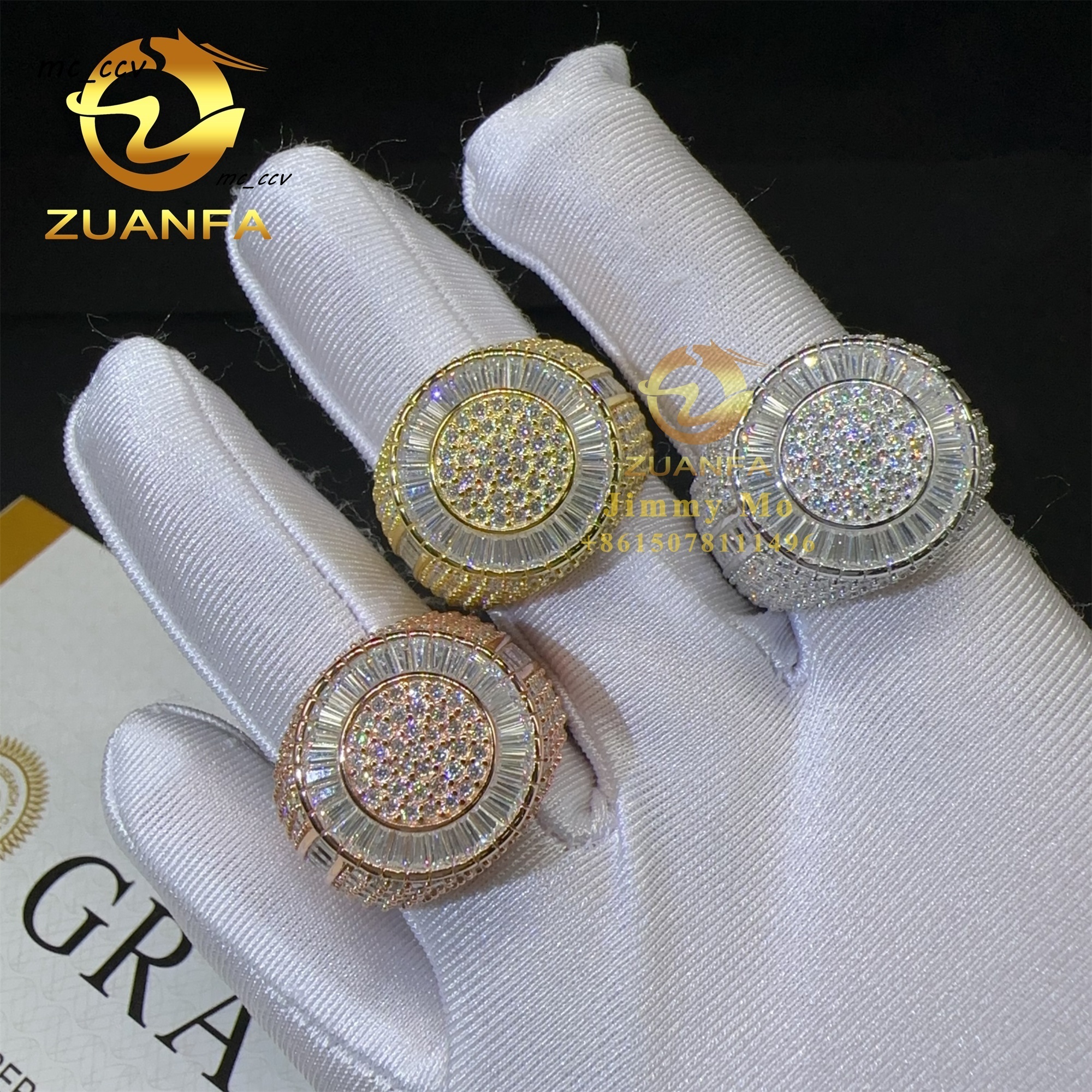 Best Selling GRA Certificate Iced Out Hip Hop Vvs Baguette Moissanite Diamond 925 Solid Silver Round Ring for Man