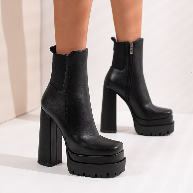 Autumn and winter new European and American style double-layer water table back elastic side zipper square toe high thick heel women's short boot