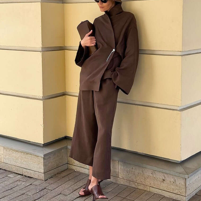 Autumn Winter New Cotton Linen Wrap Top Wide Leg Pants Set For Women Design Sense Elegant Casual Commuting B5