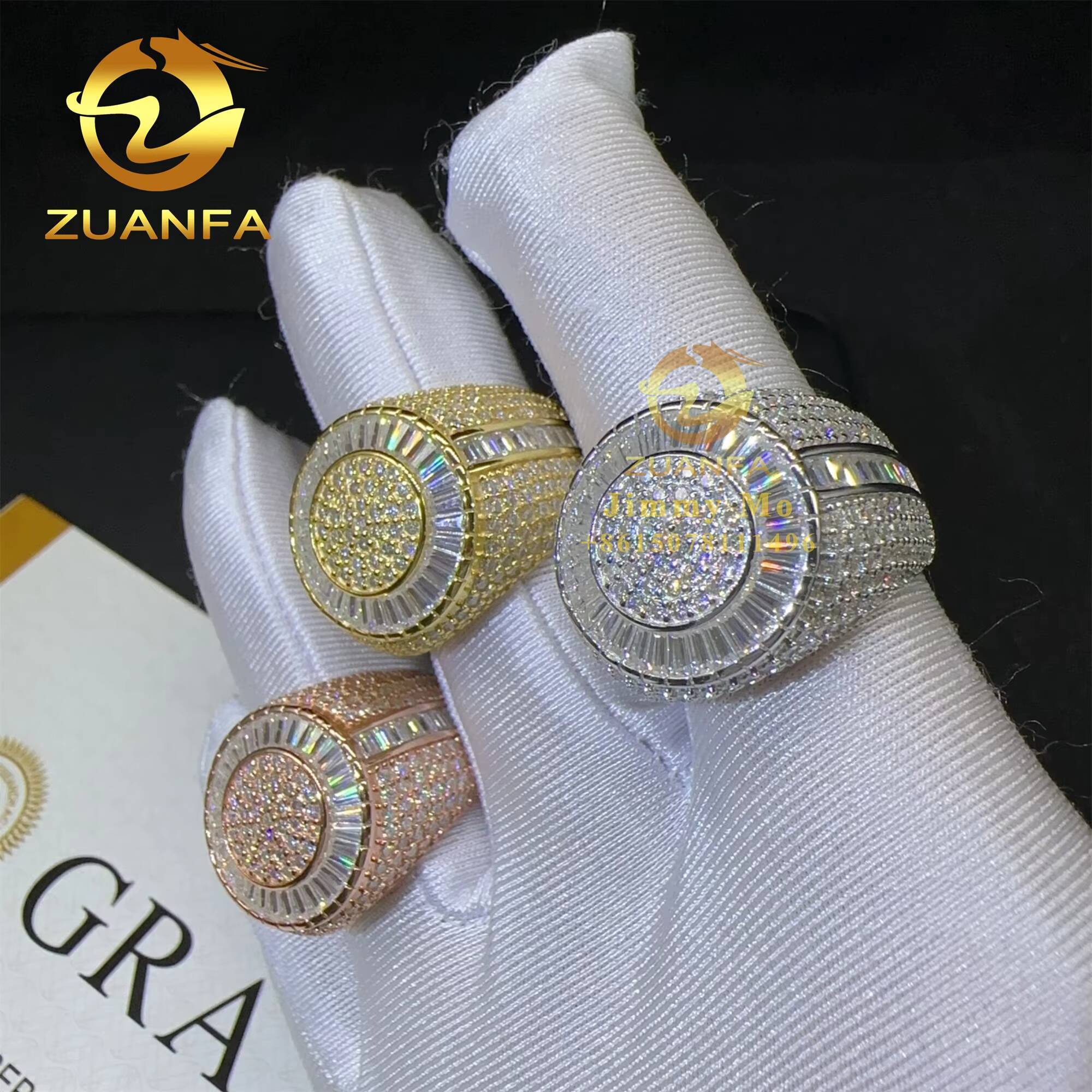 Best Selling GRA Certificate Iced Out Hip Hop Vvs Baguette Moissanite Diamond 925 Solid Silver Round Ring for Man