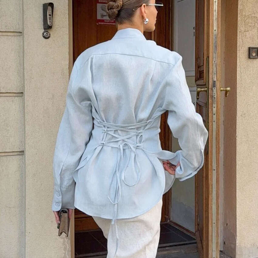 Autumn Winter New Lace-Up Waist-Cinching Cotton Linen Ribbon Shirt Women With Design Sense, Elegant And Fashionable For Commuting B3