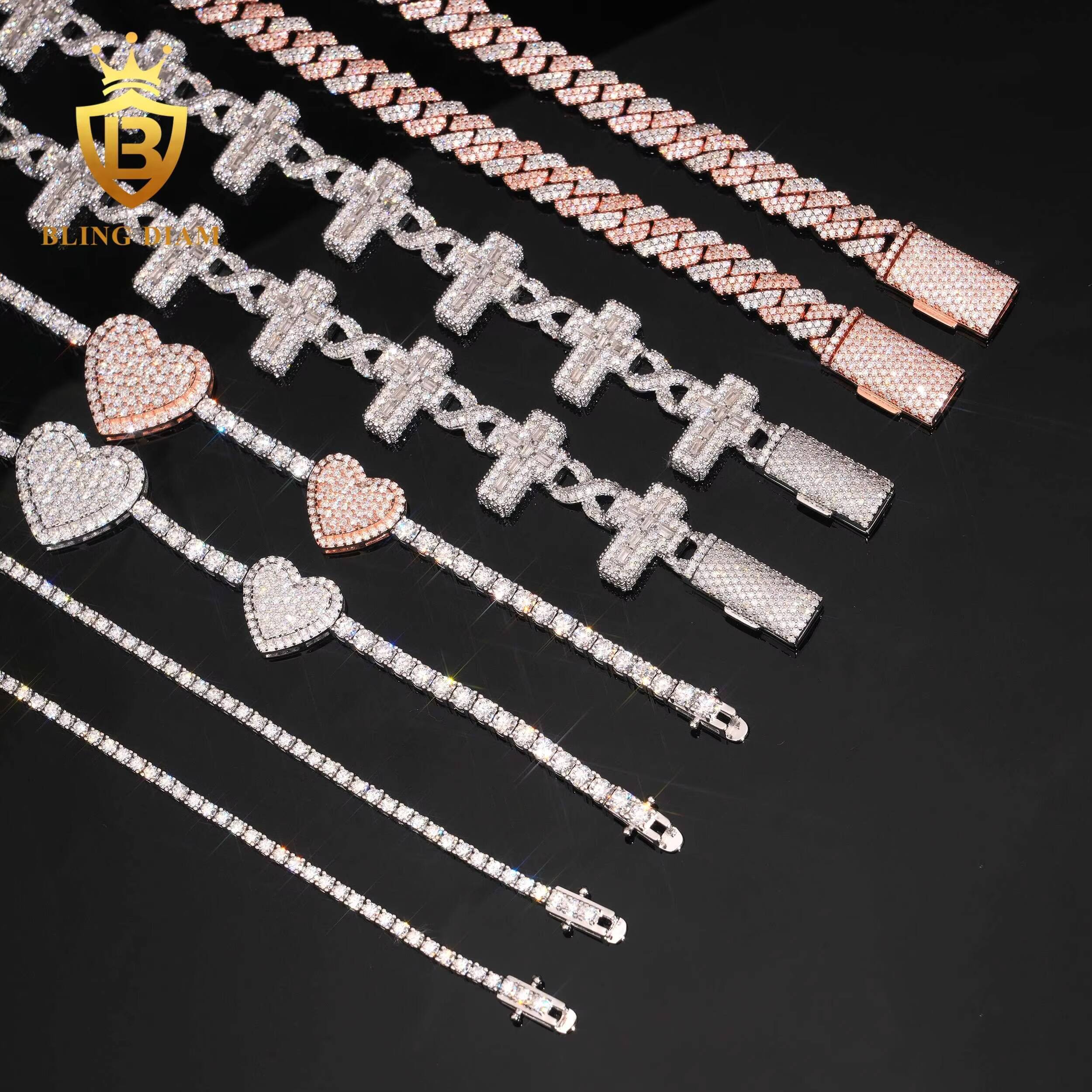 Hot Sale Fashion Fine Jewelry HipHop Style Iced Out Jewelry Moissanite Tennis Chain Moissanite Bracelet 925 Silver Tennis Chain