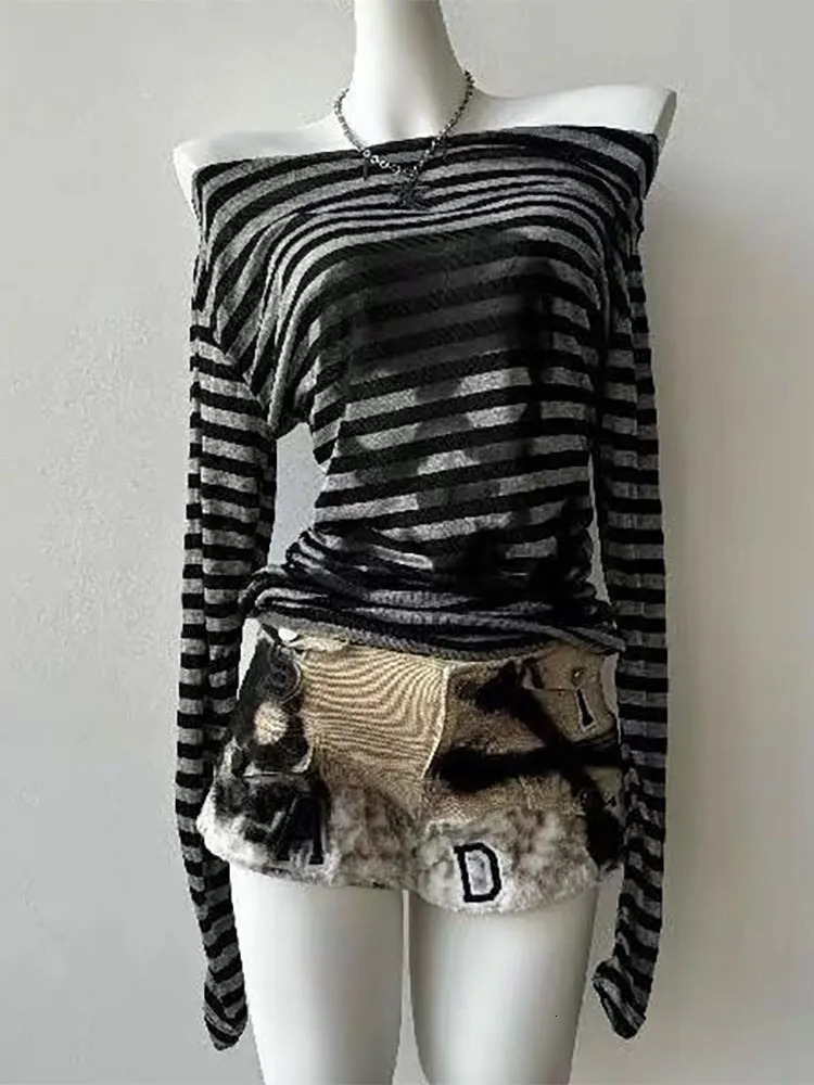Gothic Vintage Skull Stripe Tshirt Women Off shoulder Top er Knitted Basic Long sleeve Tees 2000s Y2k Clothes Fashion 250905
