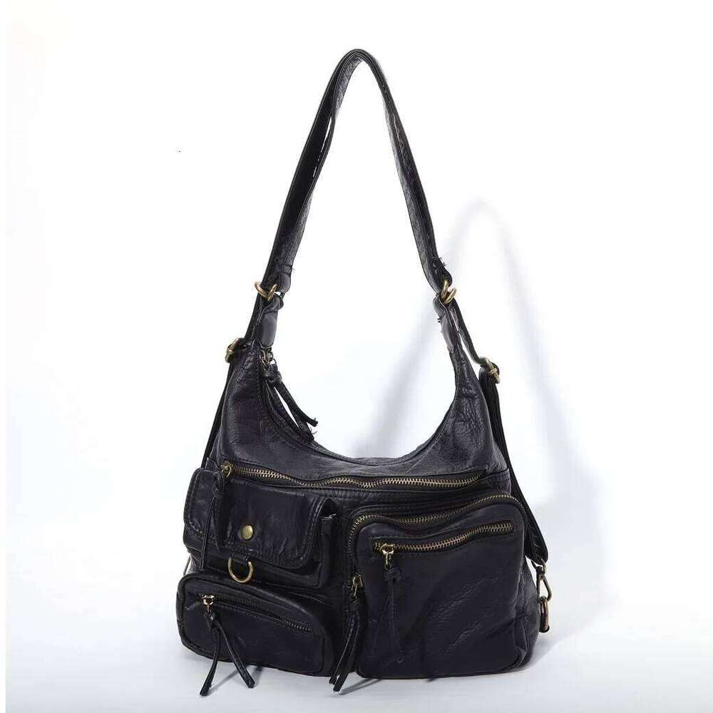 Women's Large PU Shoulder Fashion Top-Handle Vintage Black Dyeing Dumpling Pack Multi-Pockets Crossbody Bag