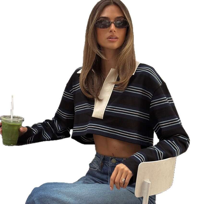 Autumn Winter New Loose Polo Collar Striped Short Women's T-Shirt Design Sense Elegant Fashion Commuting B3
