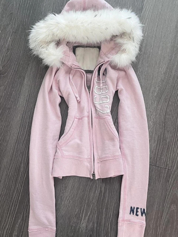 American Vintage Pink Furry Hoodie Women Y2K Harajuku Faux Fur Collar Jacket Fashion Slim Waist Belted Girl Sweatshirt 250905