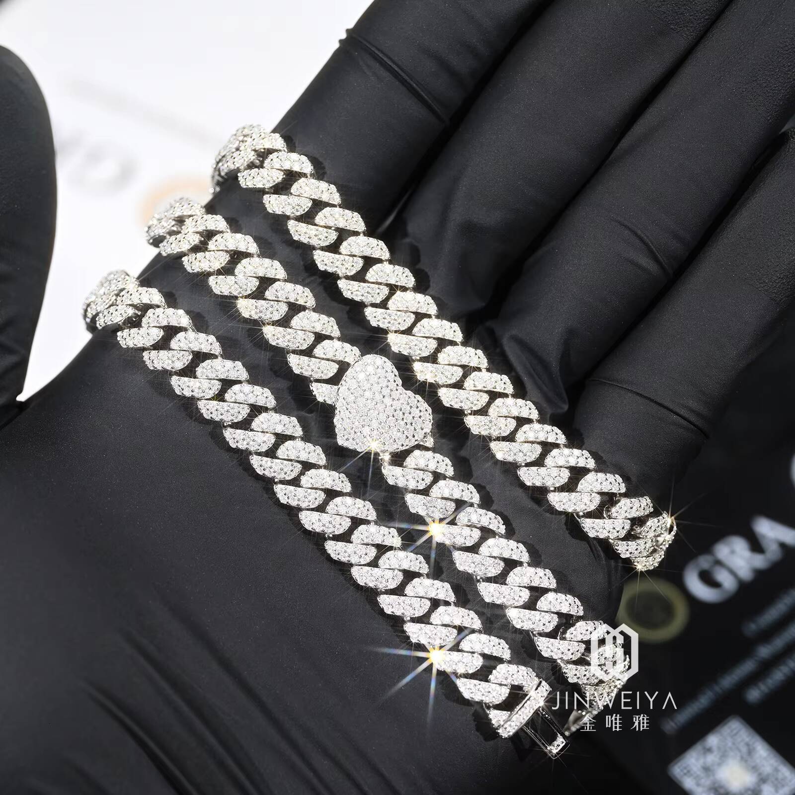 JWY Jewelrys 925 Silver VVS Moissanite for Heart Bracelet European and American Style HipHop Chain Design Unique Bangles