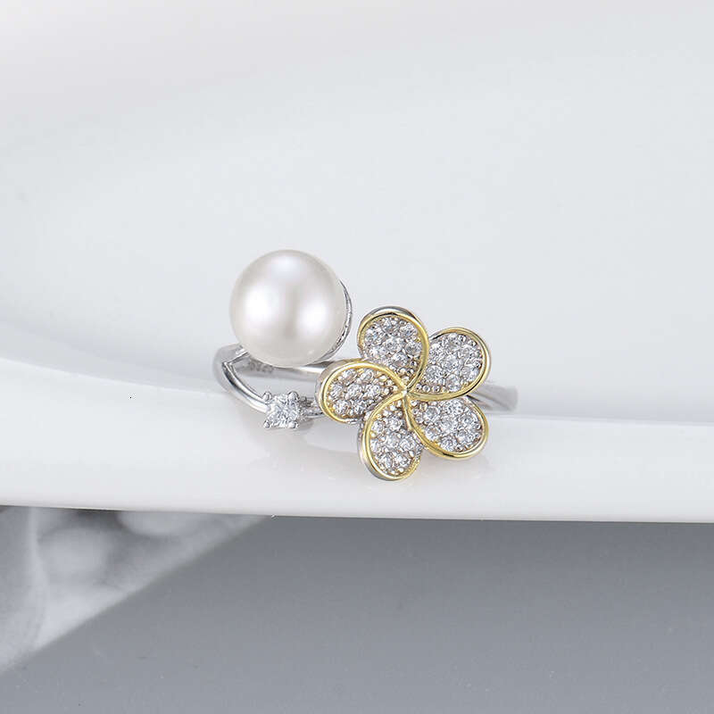 DHpet New European - American Style Color - Separated Flower Pearl Ring - S925 Silver Adjustable Ring
