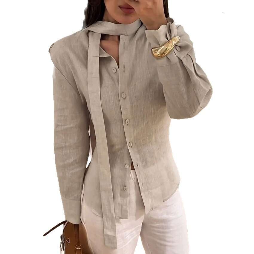 Autumn Winter New Lace-Up Waist-Cinching Cotton Linen Ribbon Shirt Women With Design Sense, Elegant And Fashionable For Commuting B3